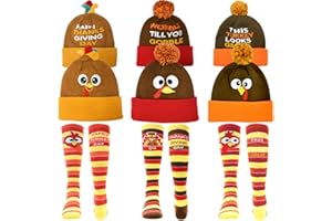 CAMIRUS 6PCS Thanksgiving Turkey Trot, 3Pcs Beanie Hat and 3Pcs Socks Thanksgiving Day Turkey Beanie Hat for Adults Men Women