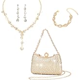 NIAN@WU 4pcs set of handcrafted diamond-encrusted wedding lady chain crossbody bag, necklace, earrings, bracelet, dinner bag, party ball bag, birthday and wedding, evening dress bag Fine gift