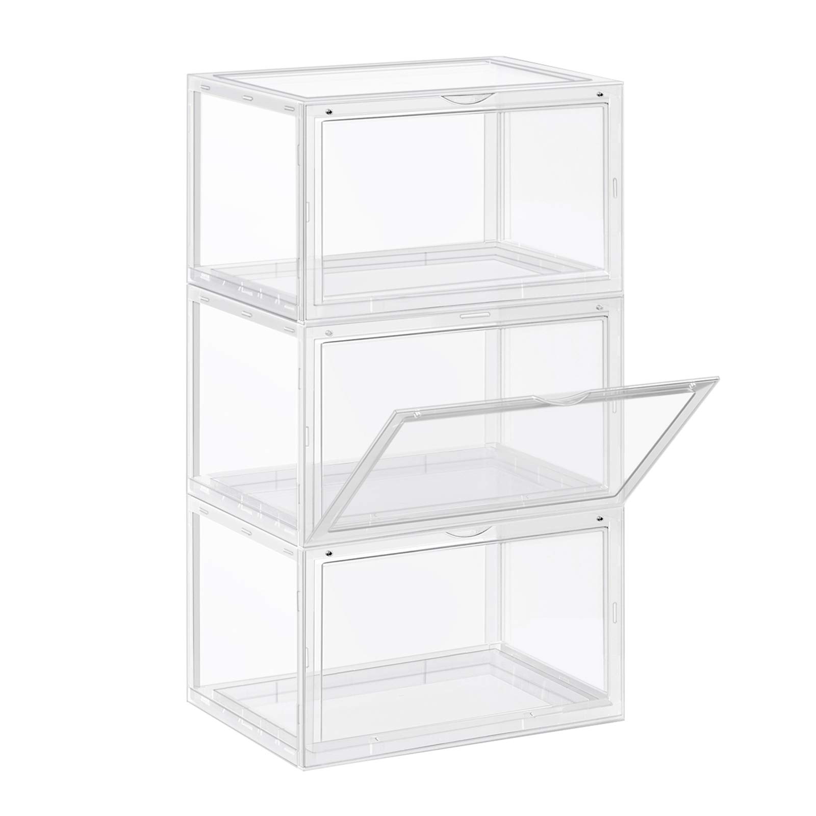 SONGMICS Shoe Boxes, Pack of 3 Stackable Shoe Organisers with Clear Door, Plastic Shoe Storage for UK Size 11, 28 x 36 x 22 cm, Transparent LSP03CW