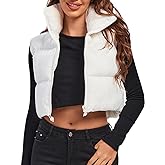Fuinloth Women's Padded Vest, High Stand Collar Lightweight Zip Crop Puffer Gilet