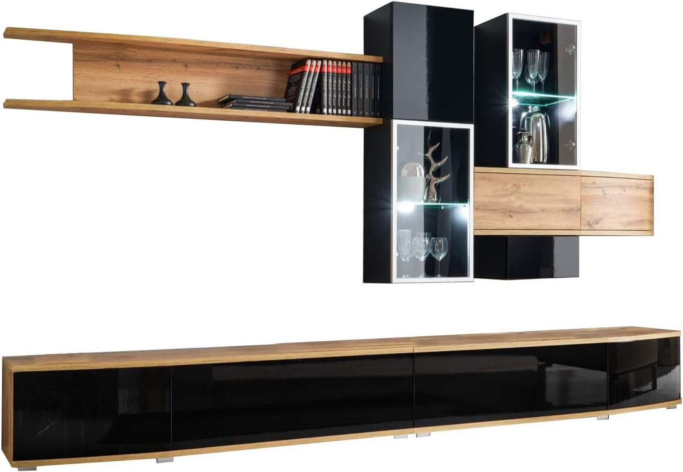 Alter GM Living Room Wall Unit MILANO Entertainment TV Stand LED Lights High Gloss (WTS - body: Votan Oak; fronts Votan Oak and Black High Gloss)