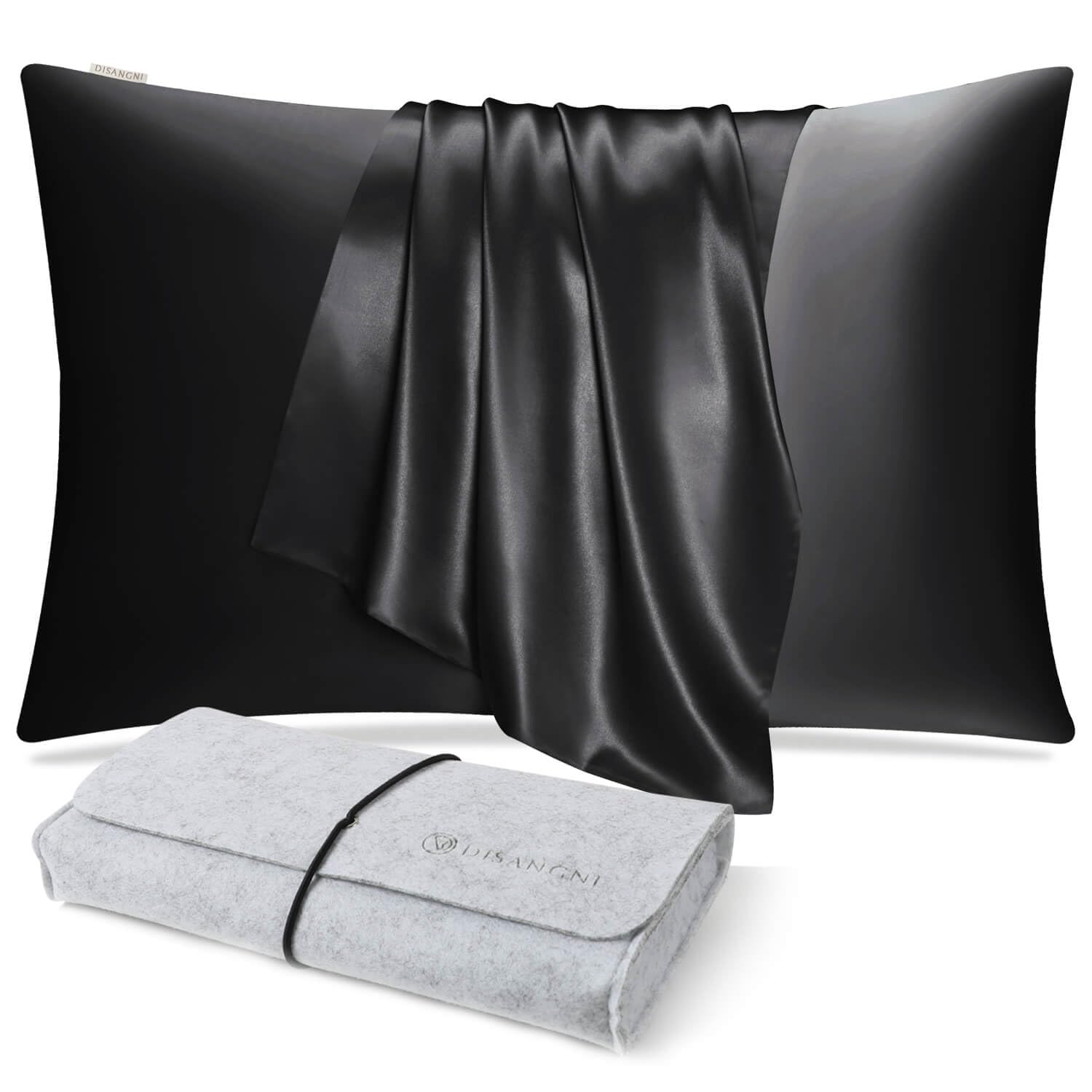 DISANGNI 100% Natural Mulberry Silk Pillow case for Hair and Skin with Hidden Zipper 22 Momme Both Sides Real Silk Pillow Case (1pc 51x66cm Black)