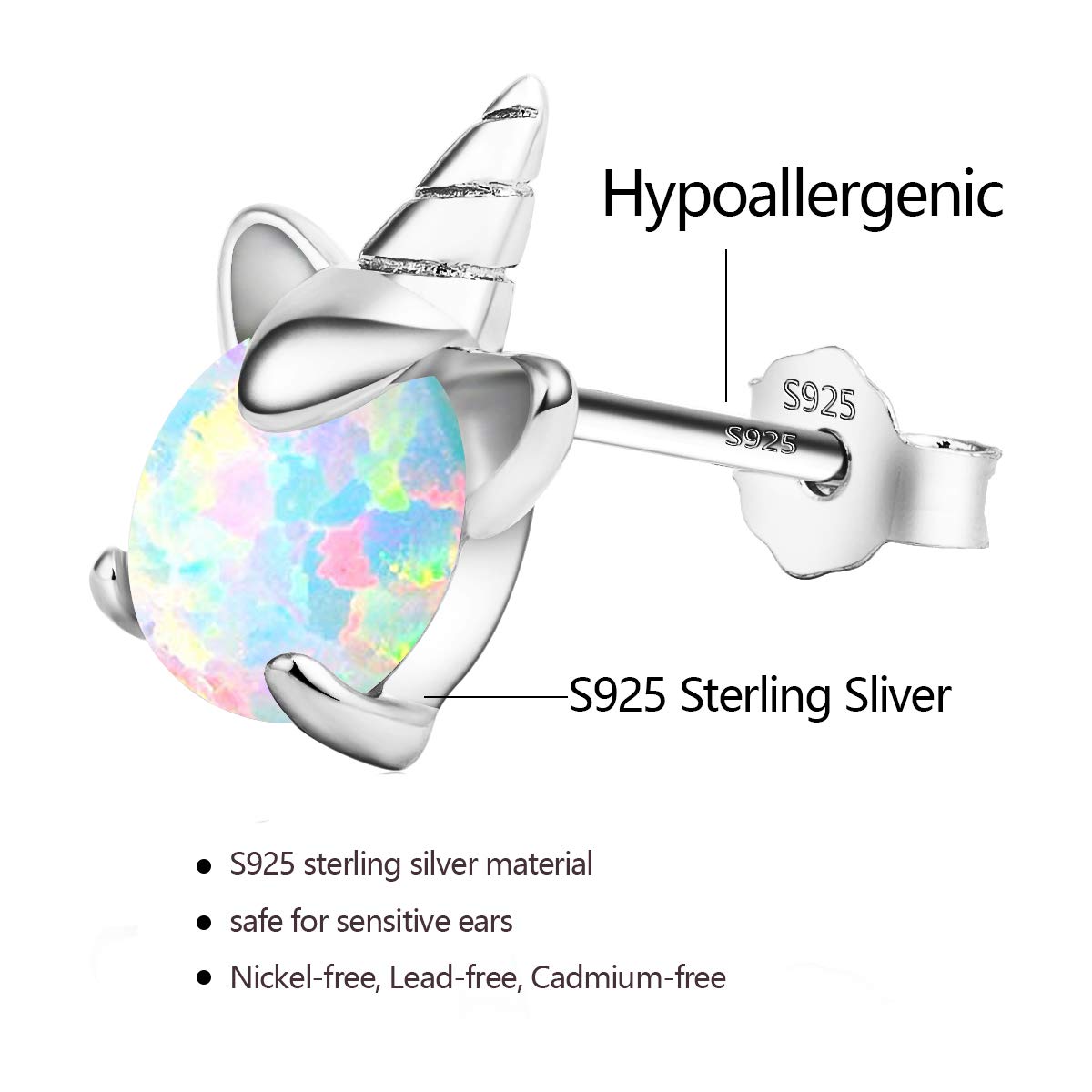 Unicorn Earrings for Girls, Hypoallergenic Fire Opal Stud Earrings ARSKRO S925 Sterling Silver with Gold Mini Tiny Cute Earring Jewelry Gifts for Kids Women