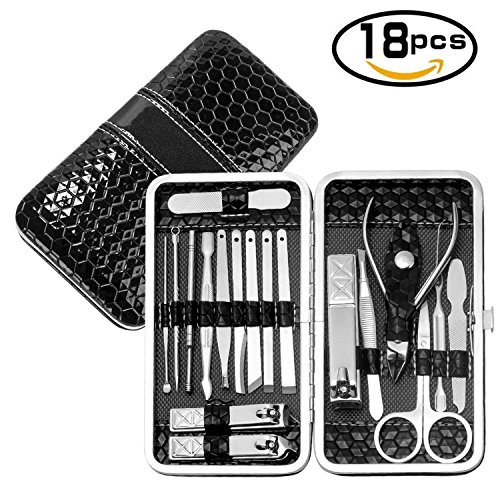 Manicure Pedicure Set Nail Clippers Travel Hygiene Kit Stainless Steel Nail Cutter Care Set Scissor Tweezer Knife Ear Pick Utility Tools Grooming Kits with Leather Case 18 in 1 pcs