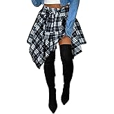 YBSKG Womens Plaid Skirts Elastic High Waist Tie Front Asymmetrical Hem Pleated Mini Skirt