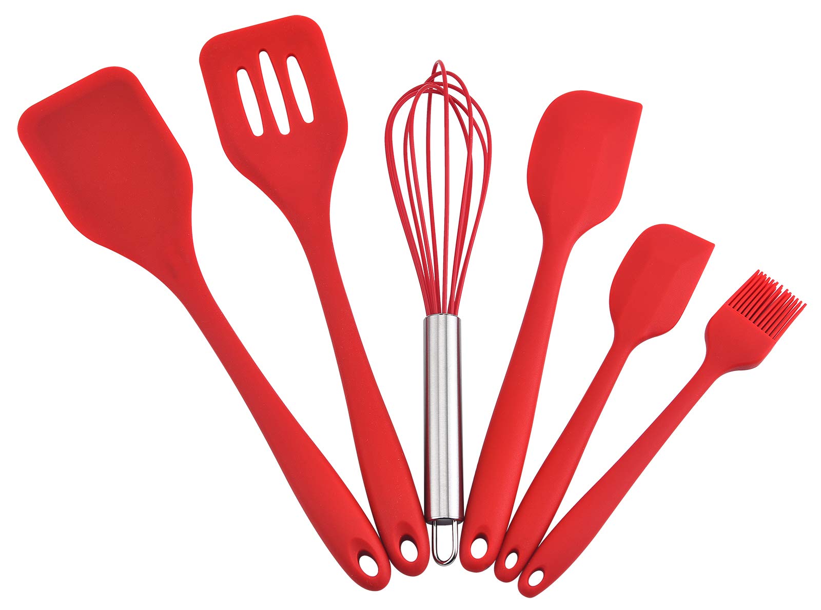 Gullor Silicone Kitchen Utensils Baking Tool Set, Cooking Spoon, Spatula, Whisk, Brush, Scraper, 6 Pieces in Set, Red