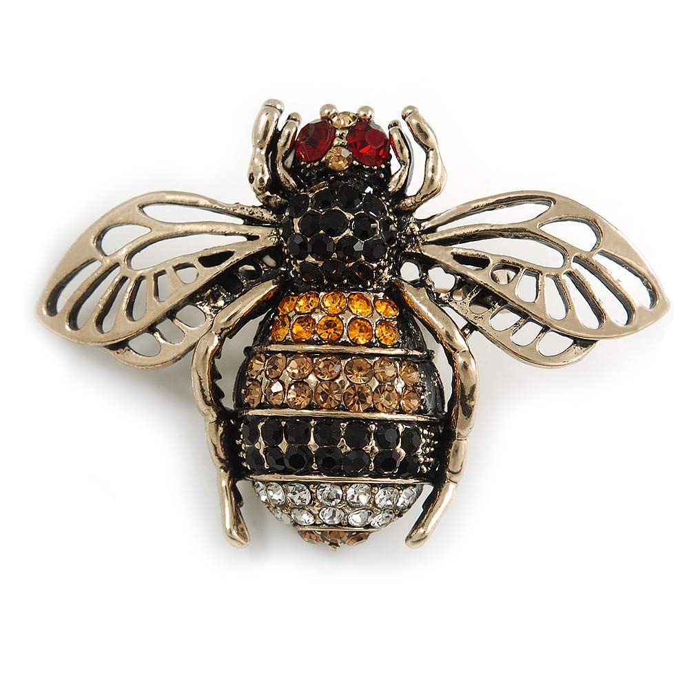 Avalaya Vintage Inspired Crystal Bee Brooch in Gold Tone - 50mm Across