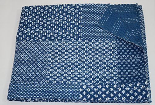 The Ethnic Crafts Indian Indigo Color Queen Size Kantha Quilt, Hand Block Print Kantha Bedspread, Patchwork Handmade Blue Kantha Work Blanket
