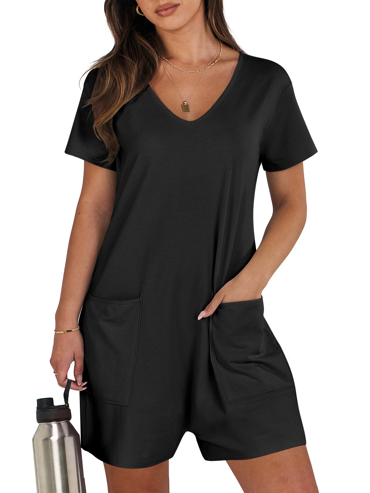 Photo 1 of ANRABESS Rompers for Women Summer Casual Short Sleeve Jumpsuits V Neck Loose Fit One Piece Outfits with Pockets 2025 Clothes Black X-Large
