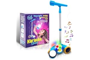 Kids Microphone with Stand, Sing Along Kids Karaoke Machine, Musical Singing Toy, Microphone for Kids with Flashing Stage Lights and Pedals for Fun Sound Effects by First Note USA, Blue