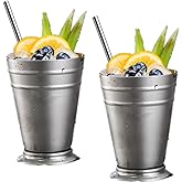 Zentriqlla Set of 2 Mint Julep Cups, 12 oz Stainless Steel Drinking Cups with Straws, Silver Vintage Metal Cocktail Glasses for Derby Party Supplies, Outdoors, Camping, Beer Juice Beverage