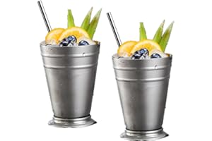 Zentriqlla Set of 2 Mint Julep Cups, 12 oz Stainless Steel Drinking Cups with Straws, Silver Vintage Metal Cocktail Glasses f