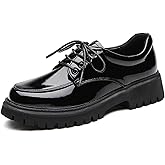 IUY Oxford Shoes for Women Patent Leather Shoe Women's Platform Oxford Shining Lace-Up Chunky Round Toe Non-Slip Business Casual Comfortable Dressy Office Work Ladies Shoes