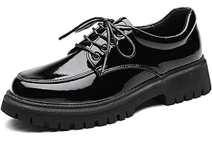 IUY Oxford Shoes for Women Patent Leather Shoe Women's Platform Oxford Shining Lace-Up Chunky Round Toe Non-Slip Business Casual Comfortable Dressy Office Work Ladies Shoes