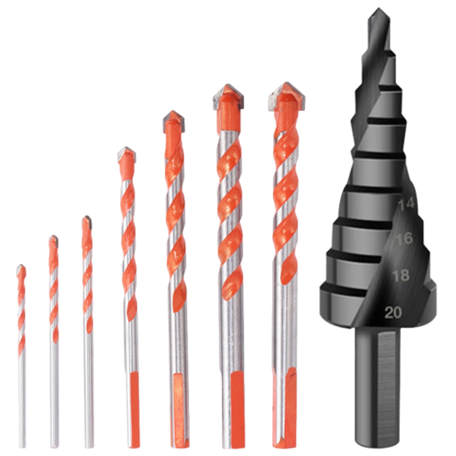 Miralith 7 Pcs Easy to Install Drill Bits Set with 1 Pc Step Drill Bit, Masonry Drill Bits for Concrete, Brick, Metal, Steel, Porcelain, Ceramic, Tile, Wood, Plastic