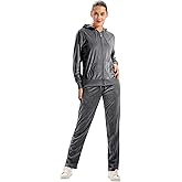 TanBridge Women's 2 Piece Solid Velvet Tracksuit Set Full Zip-up Hooded Sweatshirts & Pants Set