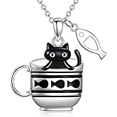 Cat Necklace 925 Sterling Silver Black Cat Fish Pendnat Cute Animal Jewelry for Women Christmas Birthday Gifts for Her