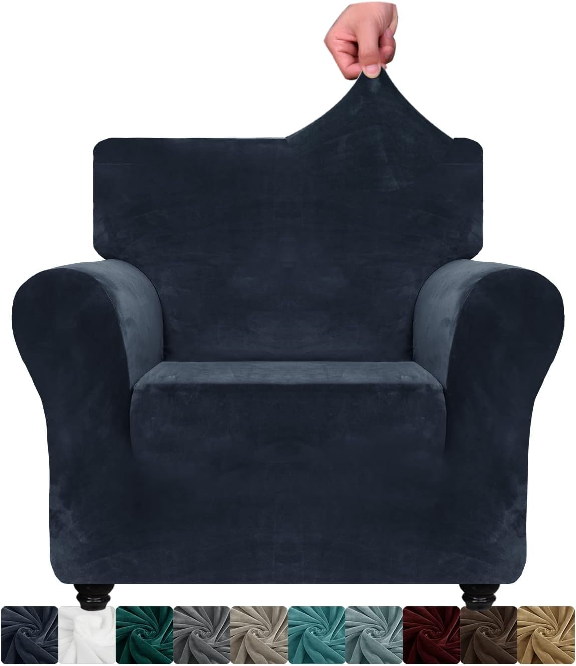 XINEAGE 1 Piece Velvet Chair Slipcovers for Living Room High Stretch Chair Covers with Arms Anti Slip Pets Friendly Couch Sofa Armchair Cover Furniture Protector (1 Seater, Navy)