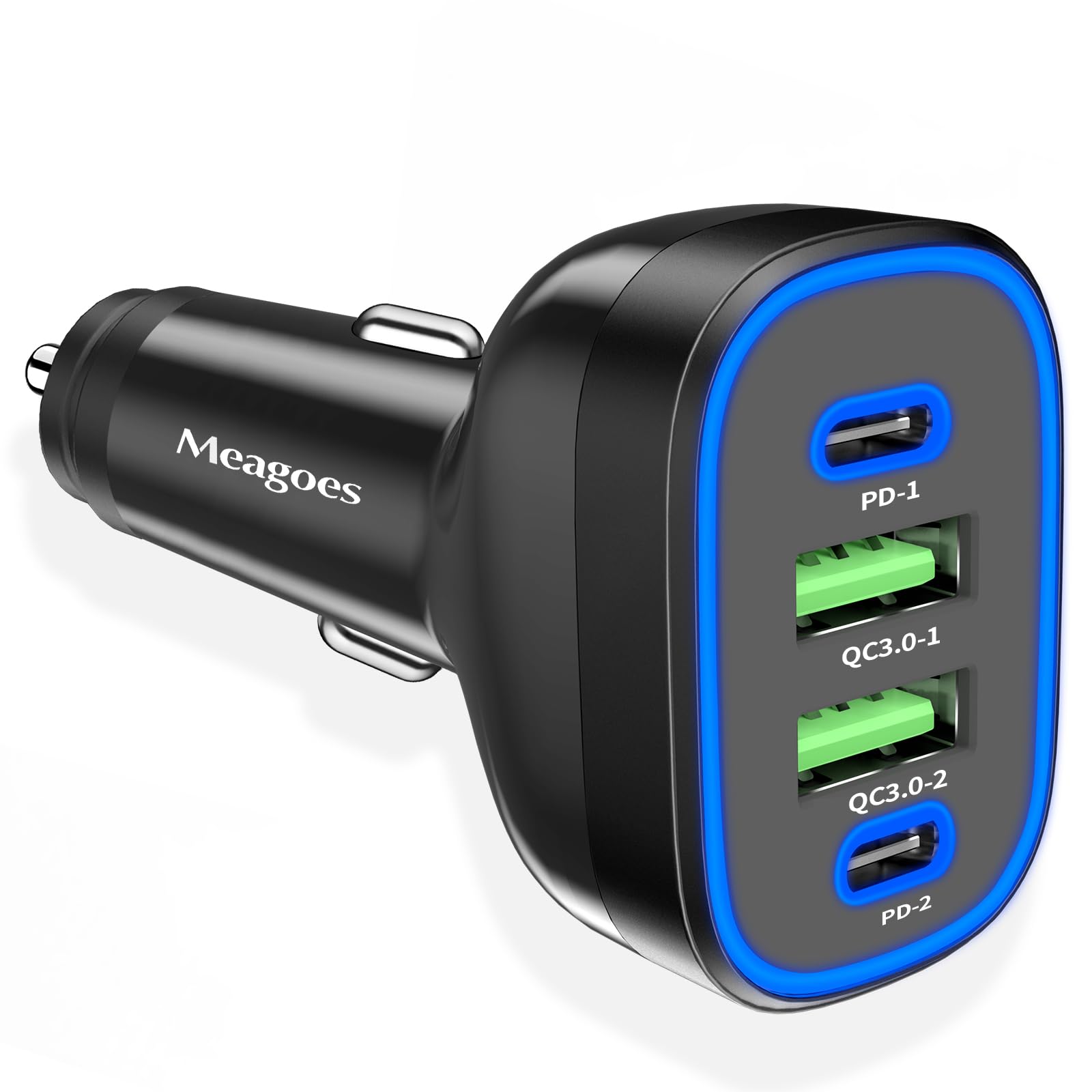 USB C Car Charger, Meagoes 4 Ports 90W Super Fast Charging, Dual PD 45W USBC & QC3.0 USB 12V Cigarette Lighter Adapter for iPhone 17 Air 16 15 iPad Tablet, Samsung Android Type C Cell Phone