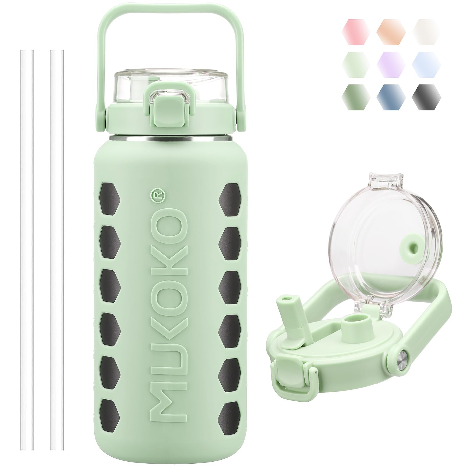 Photo 1 of MUKOKO 64oz Insulated Water Bottle with Straw, Half Gallon Stainless Steel Water Bottles, Double Walled Hydro Water Jug/Flask, Large Metal Thermal Cup with Silicone Sleeve - Green