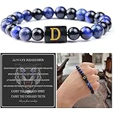 Initial Bracelet for Men - Blue Tigers Eye Lapis Lazuli Obsidian Triple Protection Bracelet 8mm Beaded Bracelets for Men, Christmas Anniversary Birthday Valentines Gifts for Dad Son Husband Boyfriend Brother