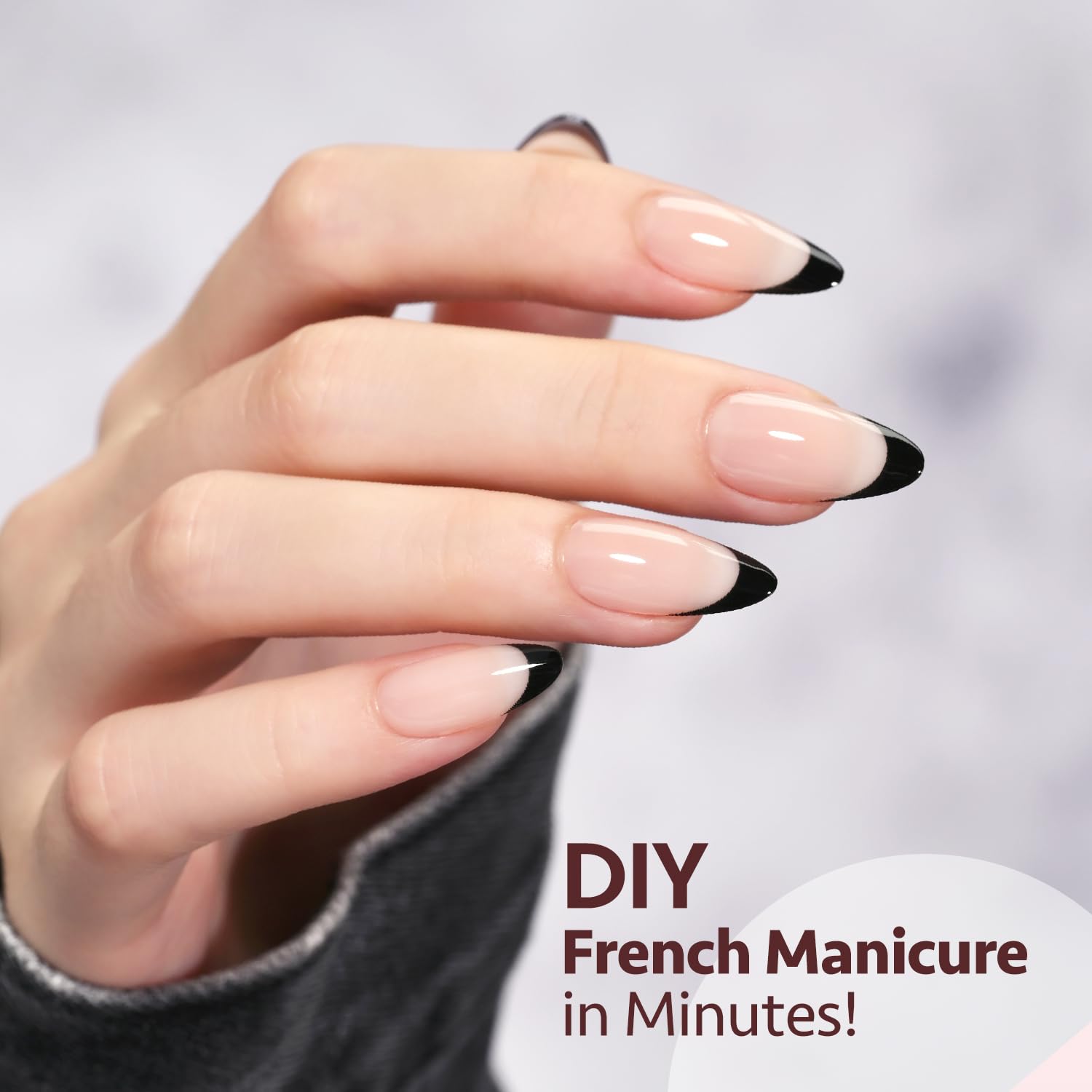 GAOY Black French Gel Nail Tips, 240Pcs Press on Nails Natural Nude Medium Almond, Pre-applied Primer and Base Coat Cover, 15 Sizes Pre-filed Fake Tips for Extension - Image 2