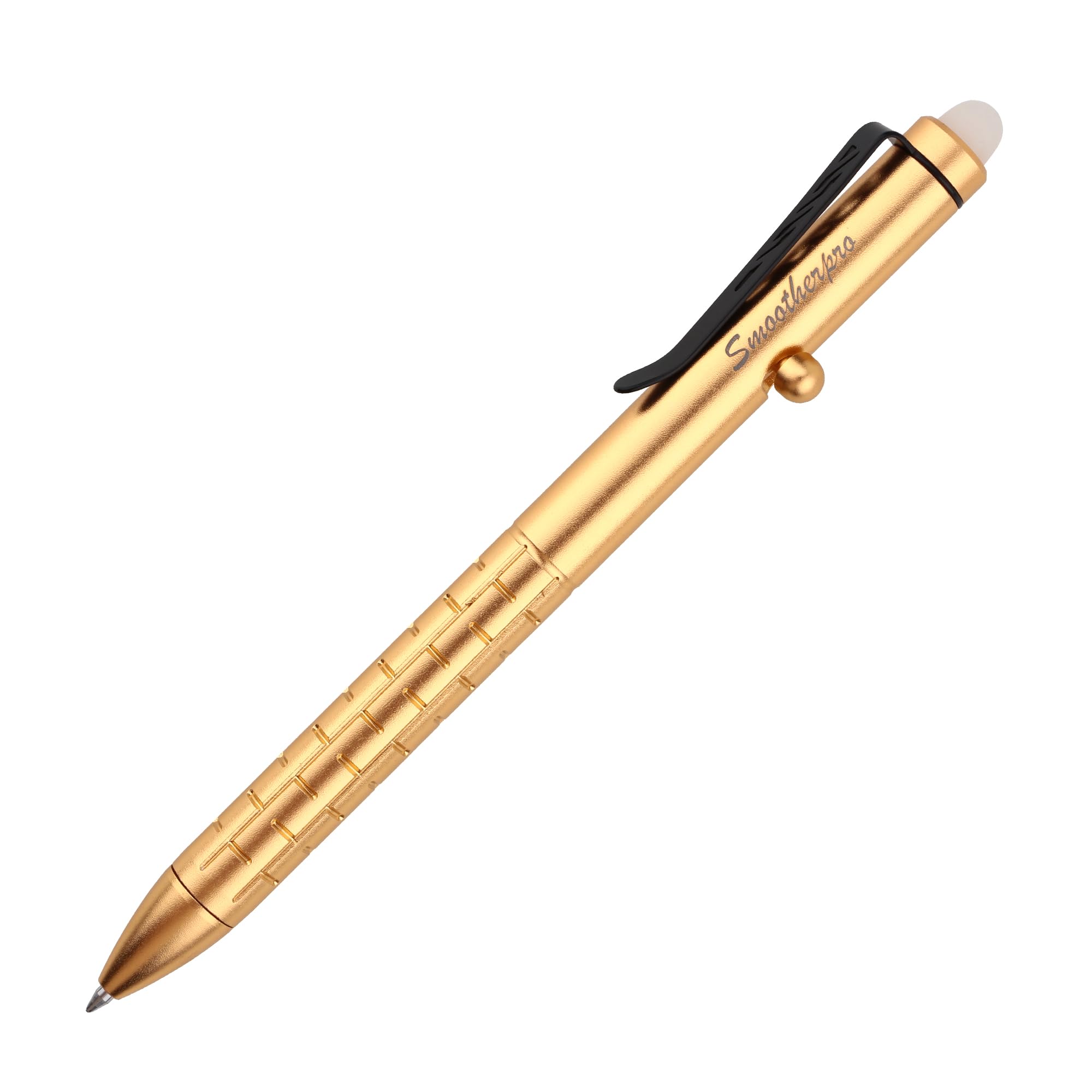 SMOOTHERPRO Erasable Bolt Action Pen | Compatible with Pilot FriXion Refill | Stainless Steel Pocket Clip Refillable Retractable Pen | for Office School Calligraphy Practice (SAF152GD) | Gold