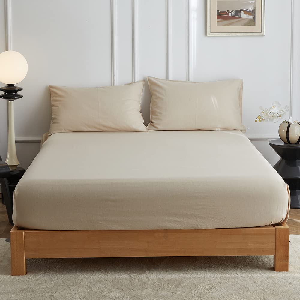 Simple&Opulence King Fitted Sheet,35 Deep Pocket Bed Sheet King,55% Linen 45% Cotton,Breathable Soft Bottom Sheet,150x200cm,Beige/Linen