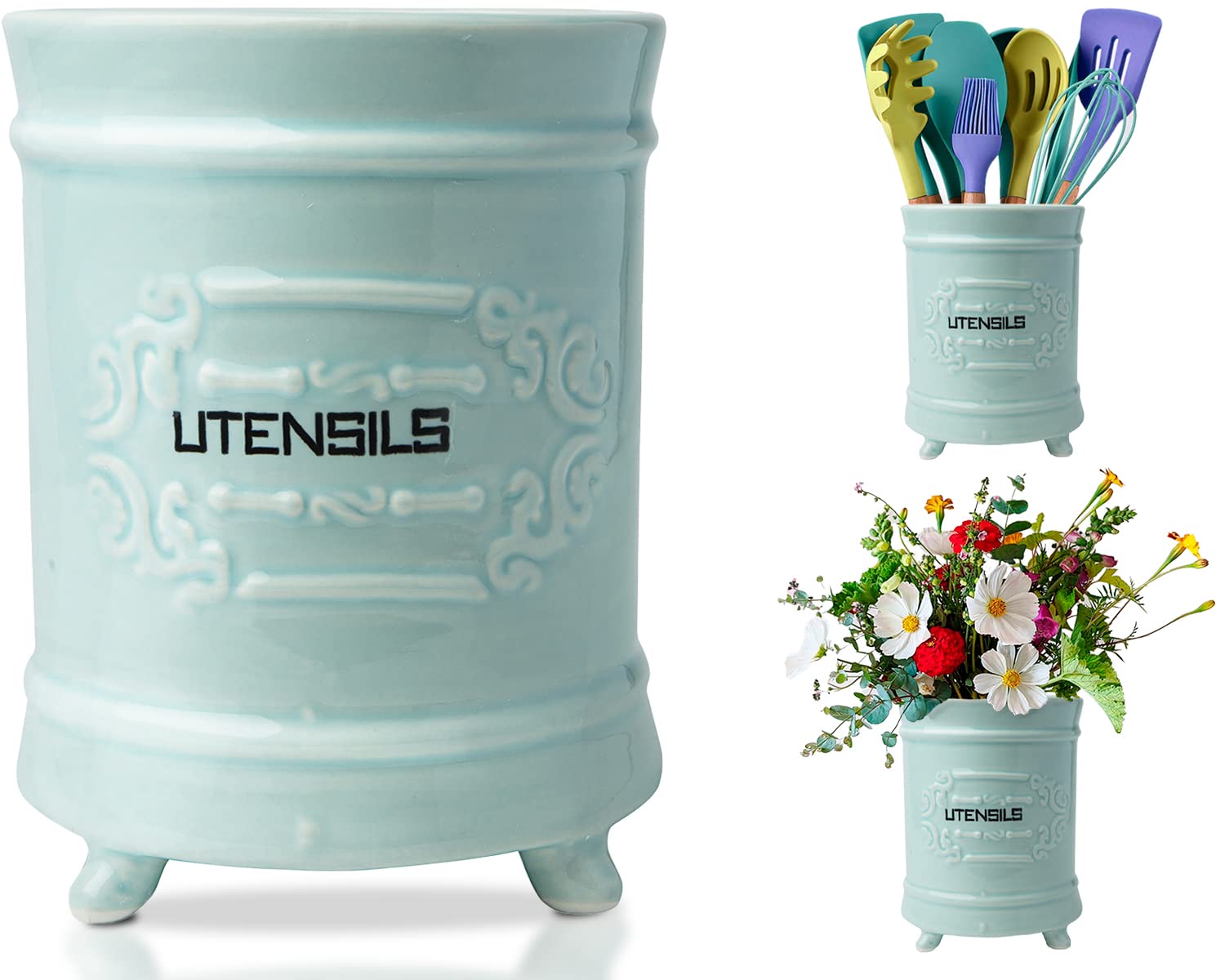 French Blue Ceramic utensil Holder - Vintage Style Kitchen Caddy - Antique Design Cooking Organizer - Rustic French Country Crock for Cooking Enthusiasts