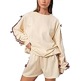 D-Sun Women's Velvet Bow Sweatshirt Long Sleeve Crew Neck Pullover Sweatshirt Loose Y2K Vintage Knitted Sweatshirt