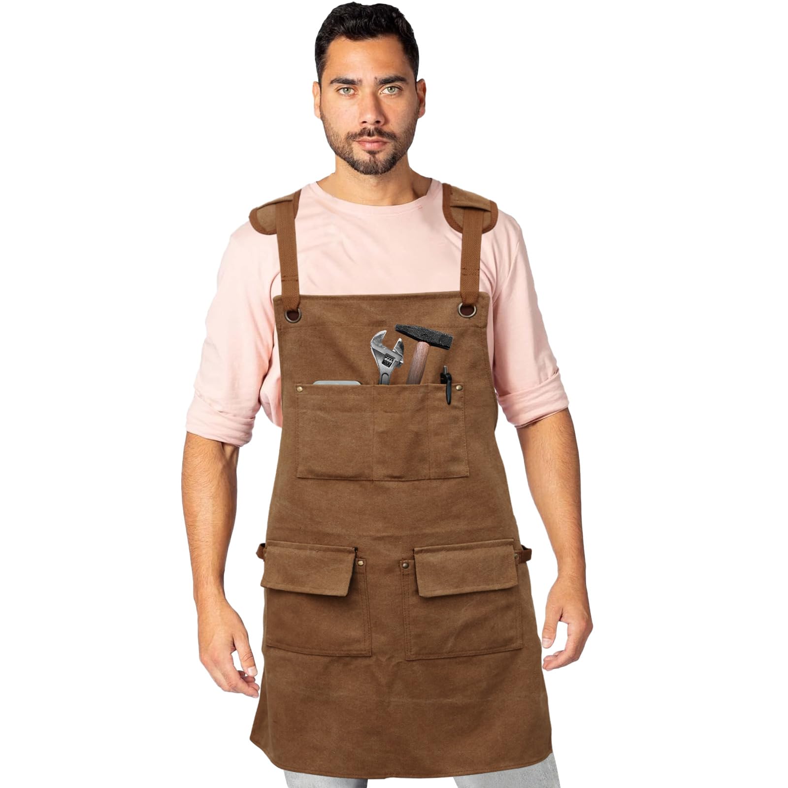 Foppla Work Apron with 5 Tool Pockets, Heavy Duty Waterproof Oxford Cloth, Adjustable Cross Strap, for Chef/Cooking/Gardening/Welding/Grilling/Barista, M-XXL Men & Women (Camel)