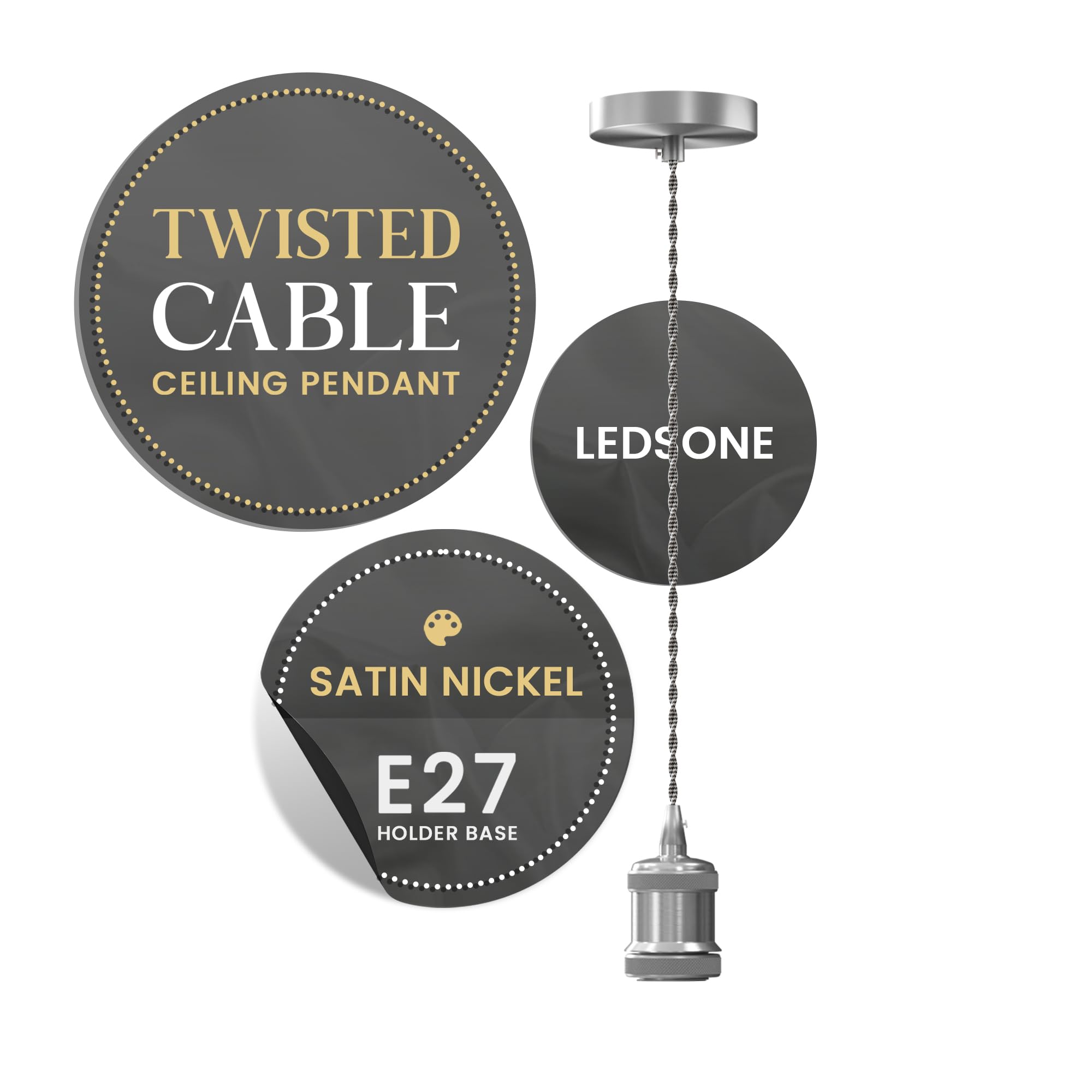 LEDSone Vintage Satin Nickel E27 Pendant Light Fitting – Twisted Braided Cable Ceiling Lamp Holder Kit for Indoor Hanging Lighting in Kitchen, Dining Room, Bar, Cafe, Loft — image 1