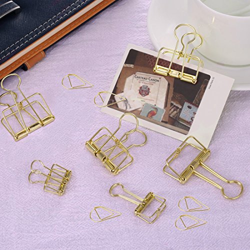 DeedyGo 15 Gold Binder Clips and 65 Cute Paper Clips Assorted Sized Smooth Stainless Steel Clips for Office School Supplies - Thumbnail 4