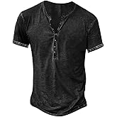 lozhacloo Mens Henley Shirts Retro Short Sleeve Tee V Neck Shirts Casual Button Down T-Shirts for Men S~2XL