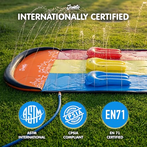 JAMBO Premium Triple Water Slide and 3 Bodyboards, 16Ft Heavy Duty Slip Splash and Slides-Advanced 3-Way Sprinkler System, Splash Pad Mat Backyard Summer Outdoor Water Toys n Long Slides for Kids