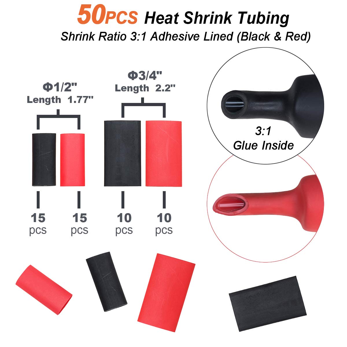 RockDIG 50 pcs AWG 8/6/4/2 Heavy Duty Bare Copper Lugs, Closed End Tubular Ring Terminals, Battery Electrical Cable Wire Connectors Assortment Kit(with 50 pcs Heat Shrink Tubings): Industrial & Scientific
