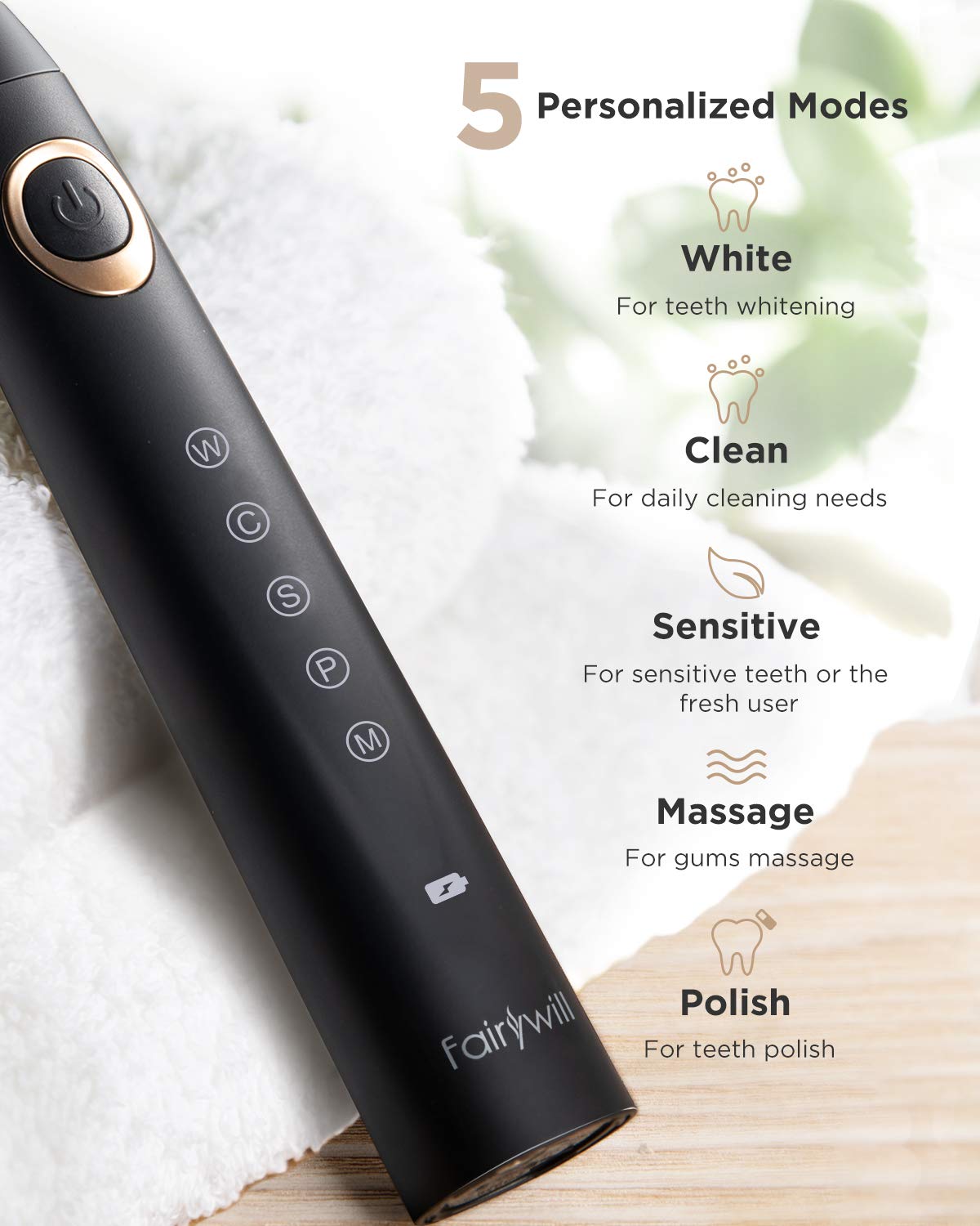 Fairywill D8 Sonic Electric Toothbrush for Adults and Kids ADA Accepted, 8 Dupont Brush Heads & Travel Case 5 Modes Rechargeable Whitening Power Toothbrush 2 Mins Smart Timer 40,000 VPM Black Series: Beauty