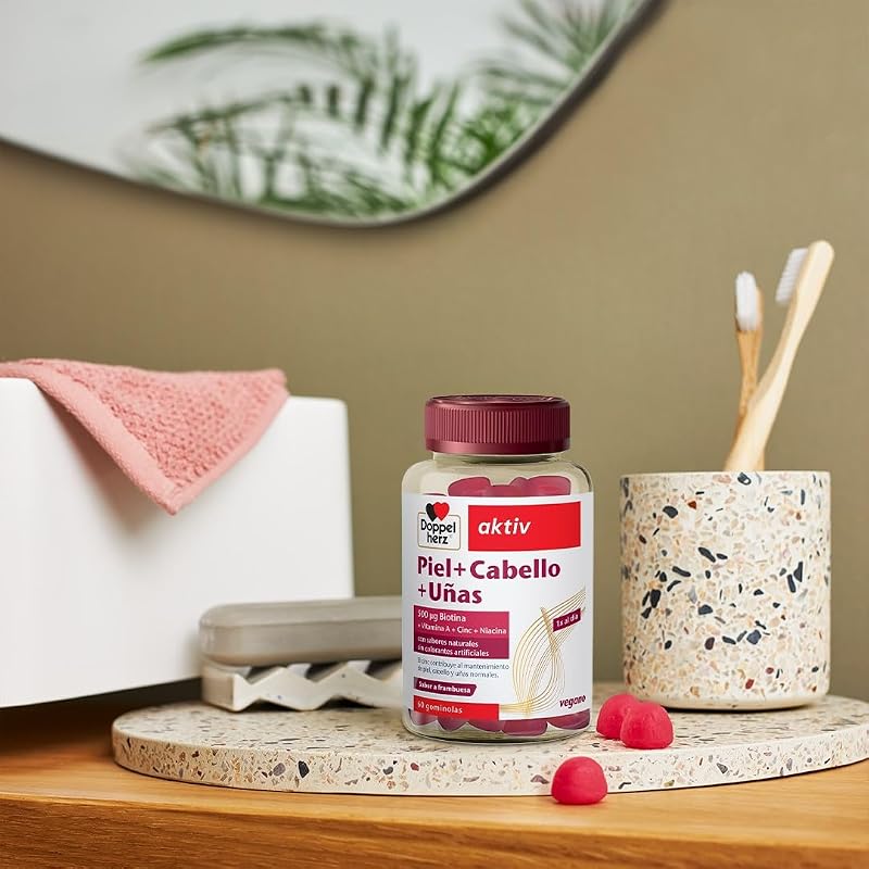 Piel+Cabello+Uñas - Gominolas con Vitaminas A, C, E & B6-500 μg Biotina, Zinc, Selenio - 60 Gomitas Blandas Veganas- Sabor Frambuesa - Doppelherz