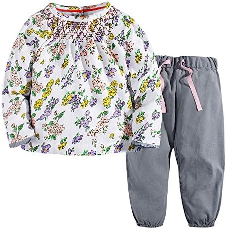 NYCMIRABELLE Baby Girls Play Set Cotton Woven Flowers Print Kids Clothing Set Long Sleeve Top and Pant (18M,Flowers top)