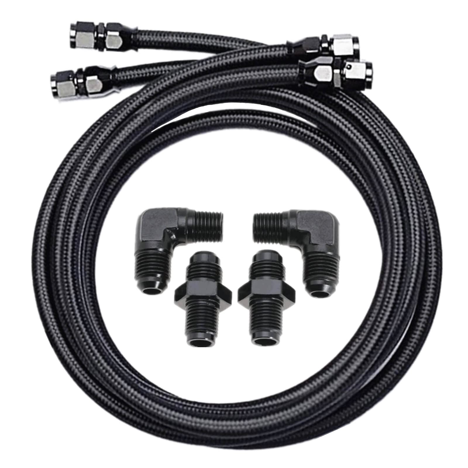 Photo 1 of 2Set 6AN PTFE Transmission Cooler Lines Set for 4L60 700R4 TH350 TH400 CBC350 TH400 3L80, 7ft Nylon & Stainless Steel Braided Hoses with Fittings (2-Pack) - Automotive Replacement Cooling Line Bundle