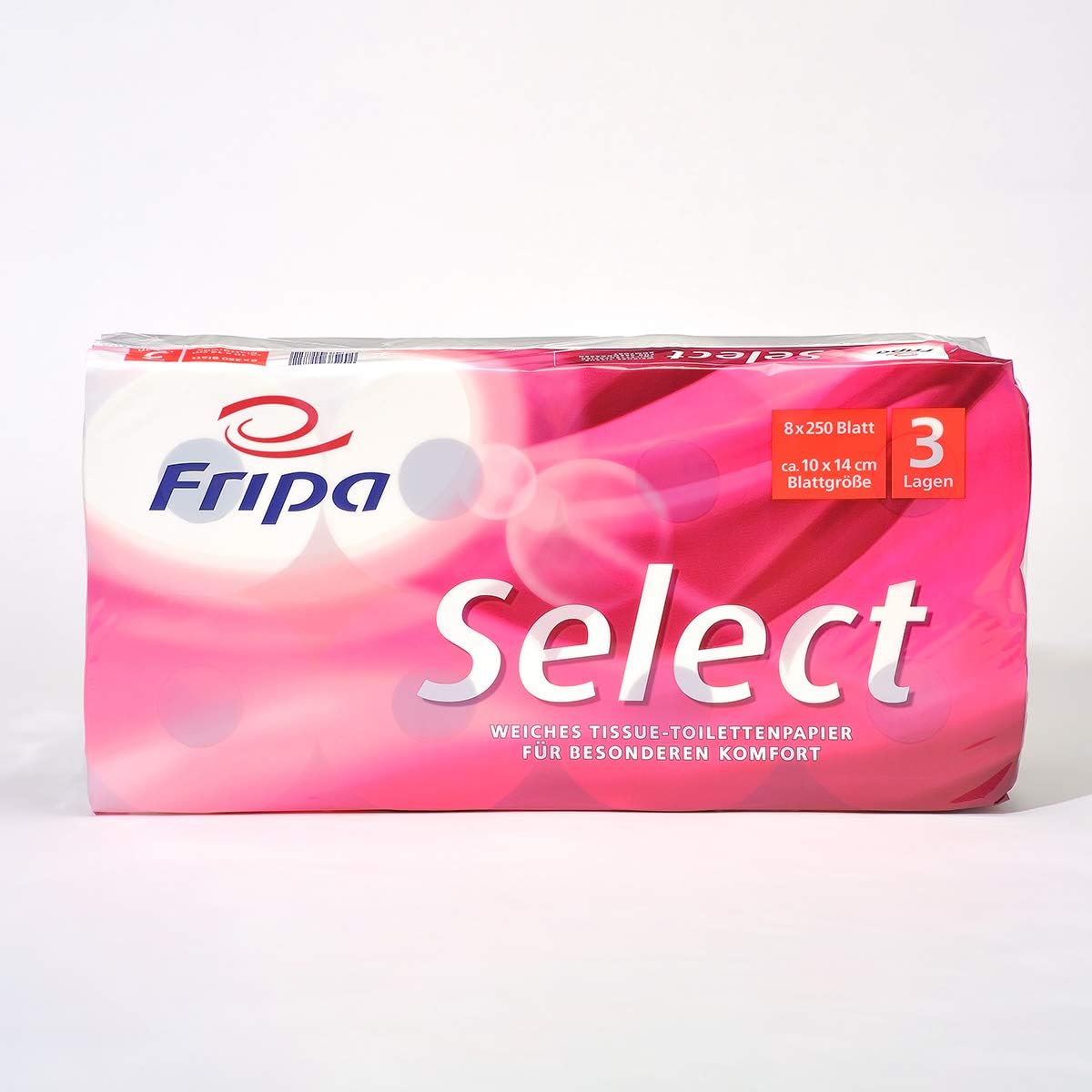 fripa3-Ply Toilet Paper Select: 8 x 250 Sheets, 100% Cellulose, White, Pack of 8