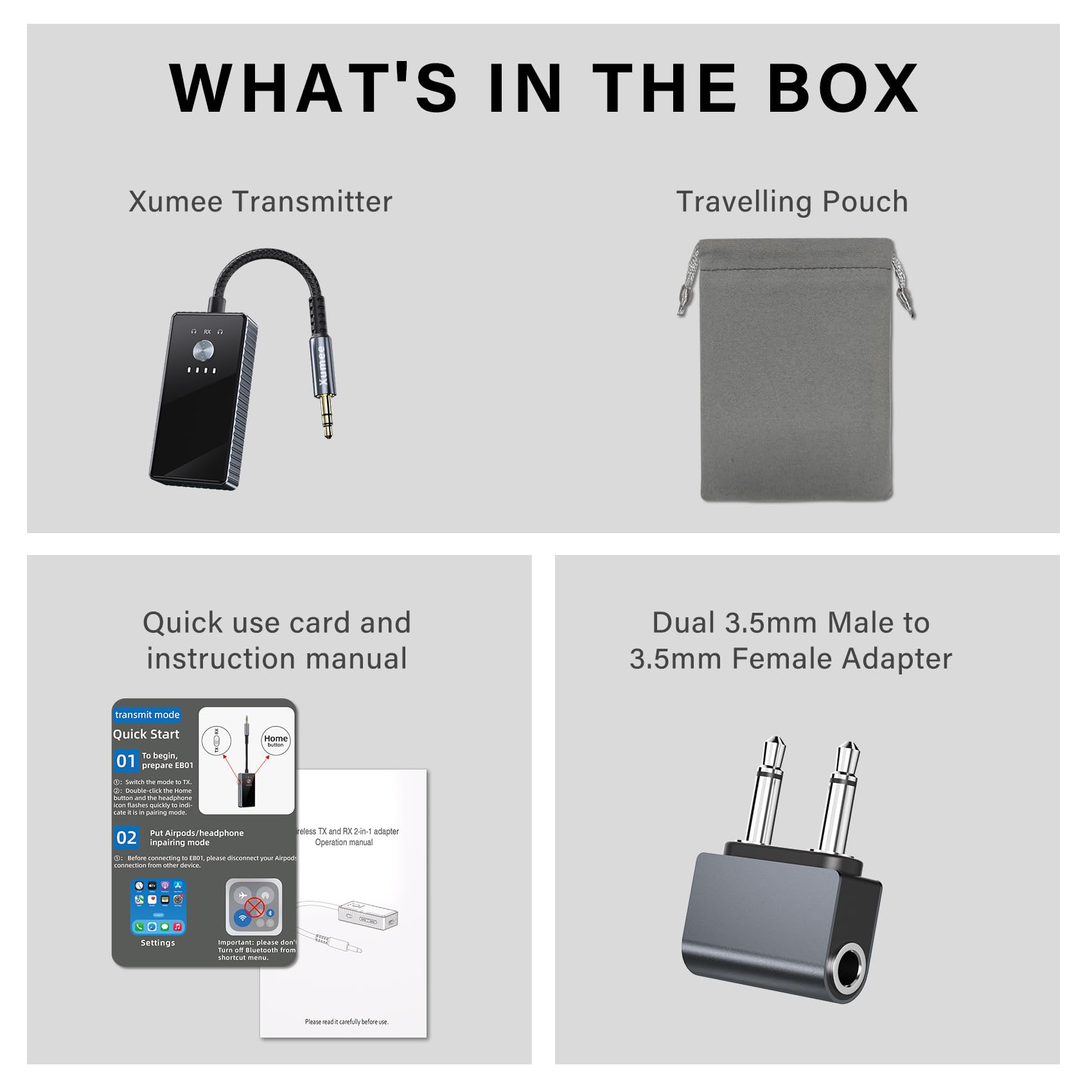 Xumee Airplane Bluetooth 5.2 Transmitter for 2 AirPods or Headphones, aptX Low Latency, 3.5mm AUX Jack & Bluetooth Receiver – Wireless Audio Adapter for Plane Travel, TV, Gym,Car,Speakers (Grey)