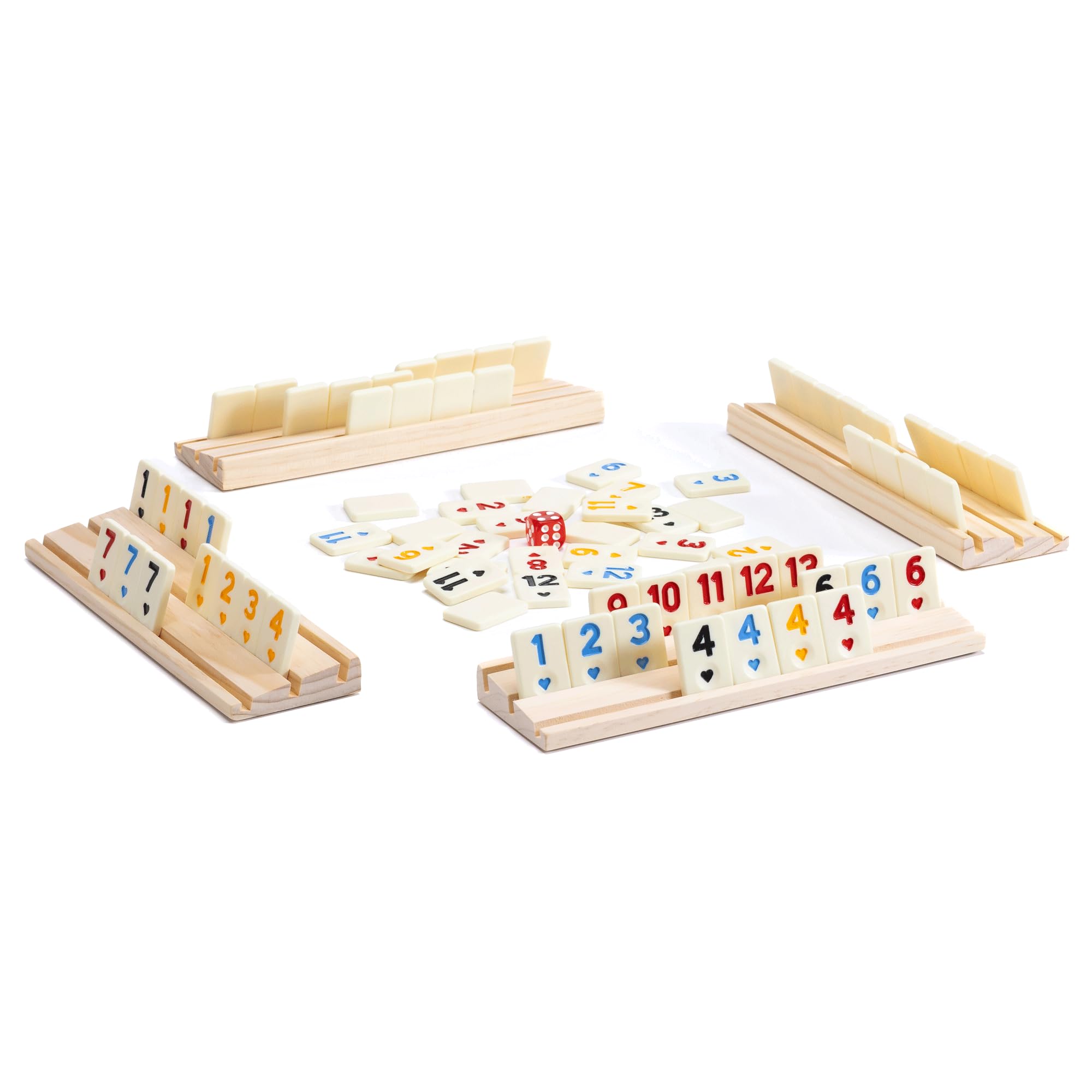 DABOVIN Upgraded Digital Rummy Card Games, 4 Player Travel Version with 4 Wooden Racks & 106 Melamine Tiles, for Men and Women