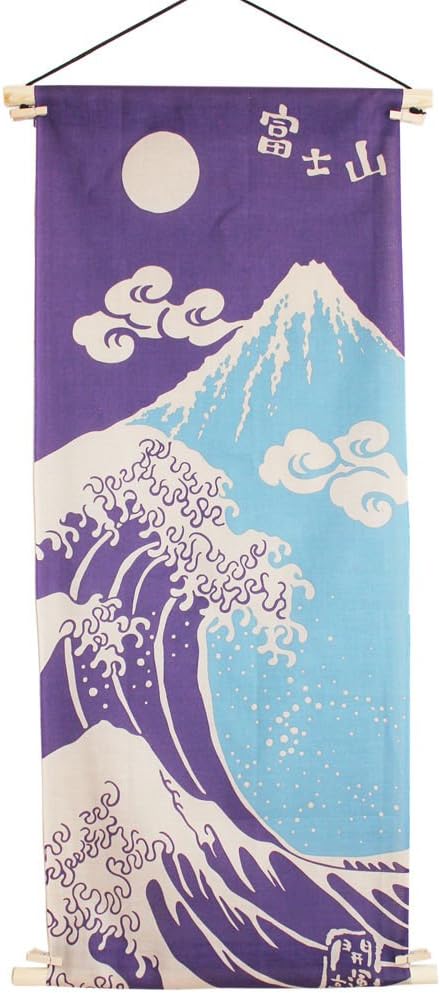 Mt. Fuji and Big Wave Print Japanese Tenugui Towel with Wall Hanging Rod Set