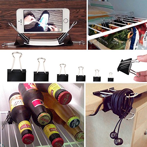 HJSMing 120 PCS Metal Binder Clips,Foldback Clips,Paper Binder Clamp,for Notes Letter Paper Books Home Office School File Paper Organizer Folder Clip Clamp 6 Sizes with Box (Black)