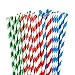 150 Pack Paper Straws - Biodegradable Straws Red, Blue, and Green Striped Design Bulk Drinking Straws