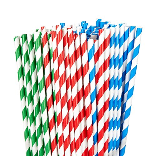 150 Pack Paper Straws - Biodegradable Straws Red, Blue, and Green Striped Design Bulk Drinking Straws