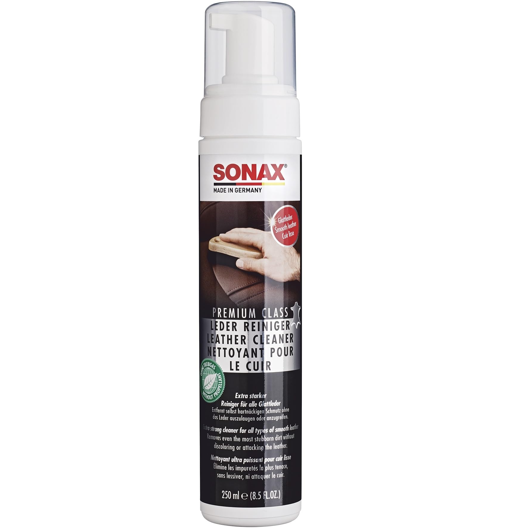 SONAX Premium Class Leather Cleaner (250 ml) Effective cleaning of all types of smooth leather | Art-No. 02811410