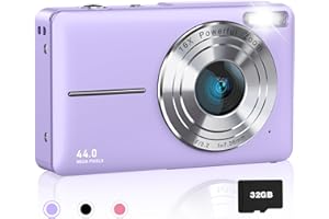 AiTechny Digital Camera, FHD 1080P Kids Camera, 44MP Point and Shoot Cameras for Pictures with 32GB Card, 16X Zoom, Lanyard, Portable Travel Mini Camera for Kids Teens Beginner(Purple)