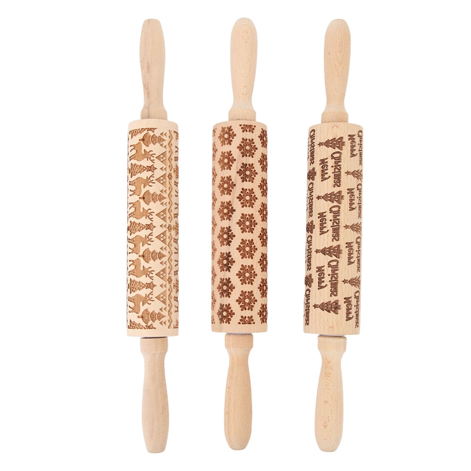 Embossed Rolling Pin, 3Pcs Wooden Embossed Rolling Pins for Baking, Decorative Cute Christmas Pattern Engraved Embossing Rolling Pin for Baking Embossed Cookies